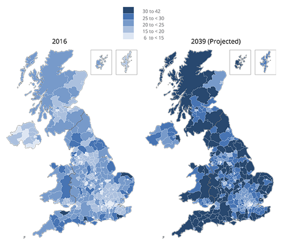 Map: Proportion of the population aged 65 years and over, 2016 and 2039, UK