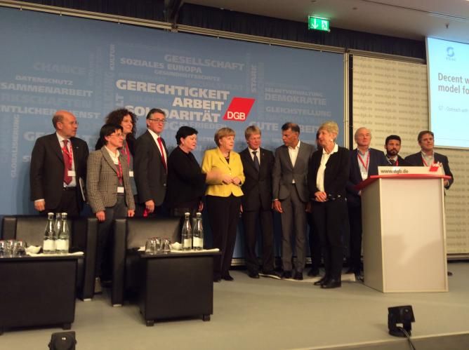 Trade unions meet Angela Merkel at the G7/DGB event on Decent Work in Global Supply chains, Berlin (l-r):Paolo Carcassi (UIL, Italy); Cinzia Del Rio (UIL, Italy); Gianna Fracassi (CISL, Italy) ; Philip Jennings (UNI-Global); Sharan Burrow (ITUC); Chancellor Merkel; Reiner Hoffman (DGB, Germany); Hassan Yusuf (CLC, Canada); Gail Cartmail (Unite; UK); John Evans (TUAC); Andrea Mone (CISL, Italy); Brian Finnegan (AFL-CIO; USA) Trade unions meet Angela Merkel at the G7/DGB event on Decent Work in Global Supply chains, Berlin (l-r):Paolo Carcassi (UIL, Italy); Cinzia Del Rio (UIL, Italy); Gianna Fracassi (CISL, Italy) ; Philip Jennings (UNI-Global); Sharan Burrow (ITUC); Chancellor Merkel; Reiner Hoffman (DGB, Germany); Hassan Yusuf (CLC, Canada); Gail Cartmail (Unite; UK); John Evans (TUAC); Andrea Mone (CISL, Italy); Brian Finnegan (AFL-CIO; USA)