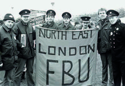 Photo: Matt with Mick Shaw and other FBU colleagues on a demo in 1990