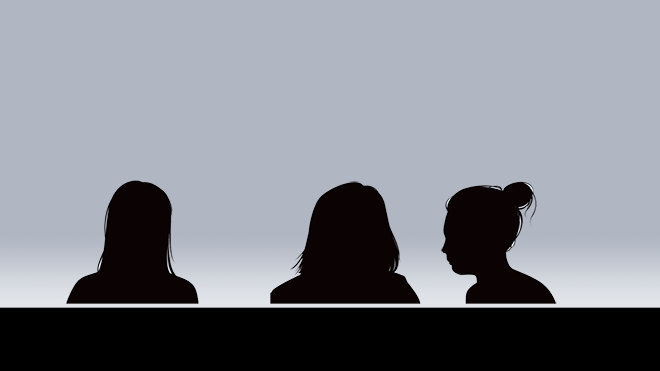 Silhouette of three women sitting in front of a grey background