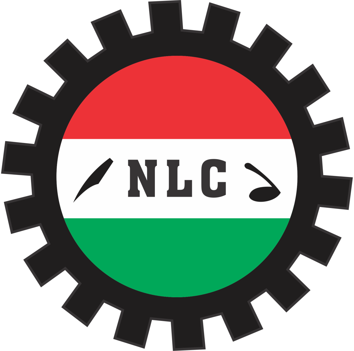 The Nigerian Labour Congress logo, the Nigerian flag contained within a black circle like an industrial cog wheel