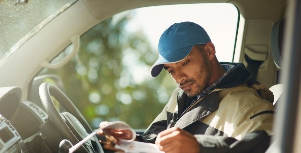 Delivery man reading addresses while sitting in a delivery van
