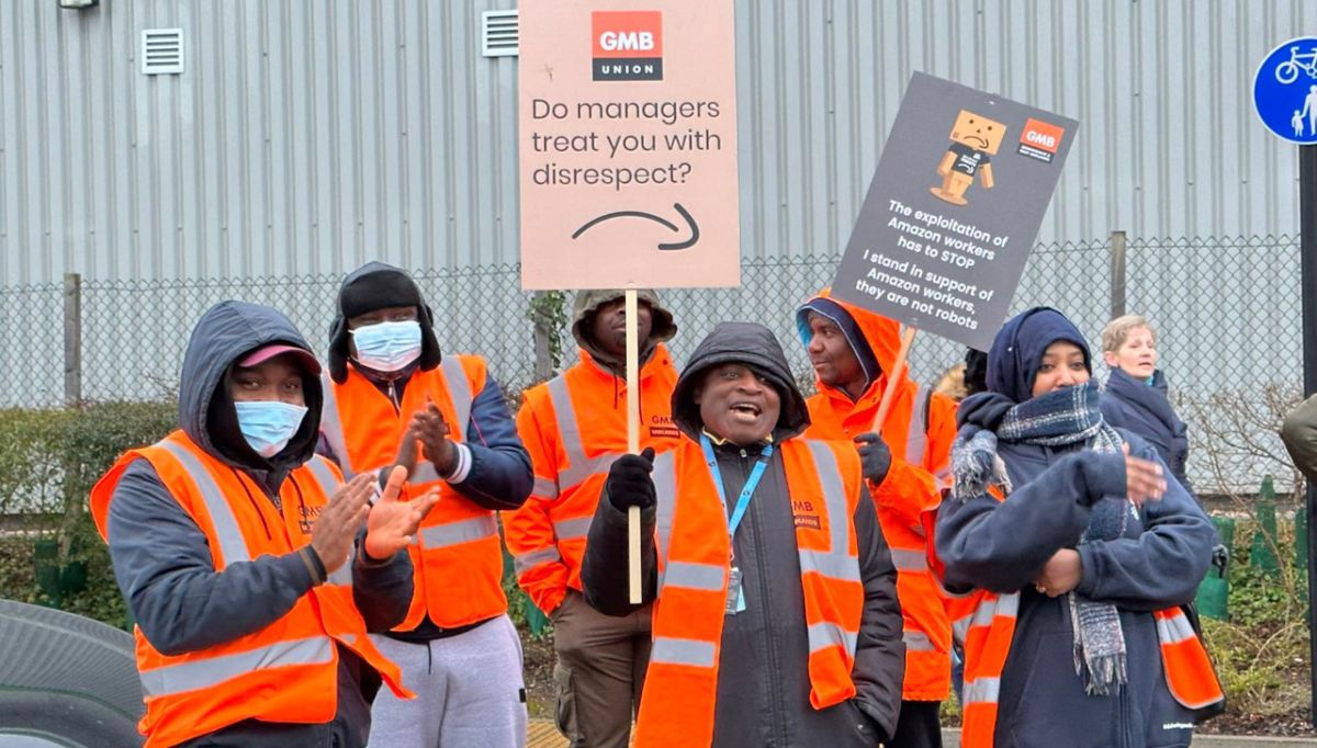Amazon workers rallying outside the workplace. Photo GMB