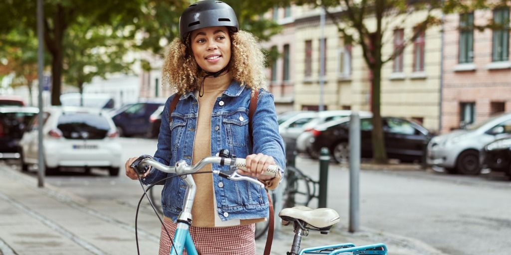 Woman cycling to work