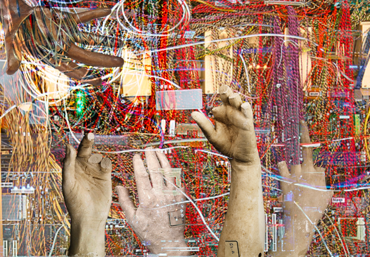 A series of stone-like hands, fractured and cracked, reaching out in various directions from a chaotic mass of tangled wires. 