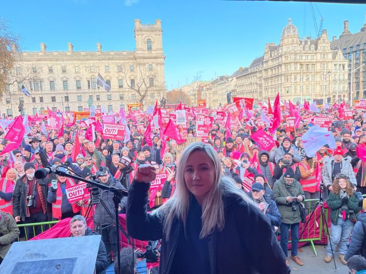 amy ash at the front of a cwu rally