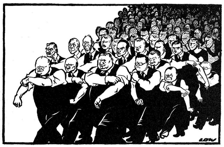 Cartoon of prominent politicians from the 1940s marching together with their sleeves rolled up
