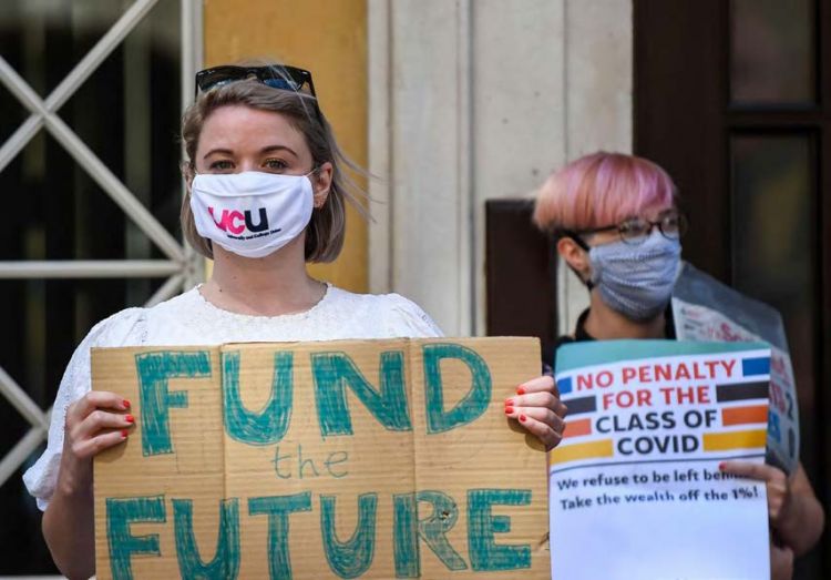 UCU General Secretary Jo Grady joins a student protest outside the Department for Education in Westminster, calling for a full review into grade inequality following the exam results chaos © Stephen Chung/Alamy Stock Photo