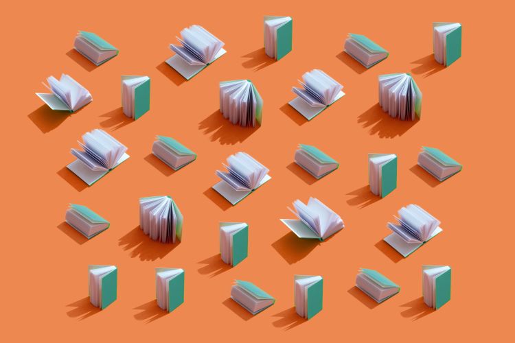  Pattern of small books with turquoise cover on orange background
