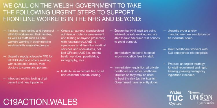 Graphic with Wales TUC and Unison union demands to Welsh Government to protect NHS Wales workers