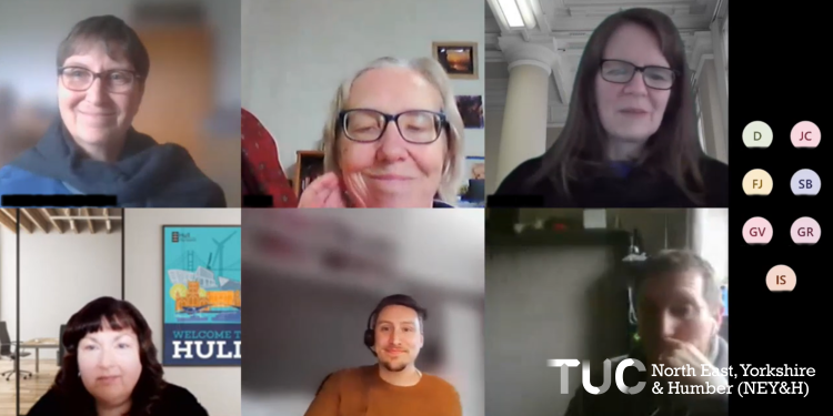 Screenshot of an online meeting showing smiling faces