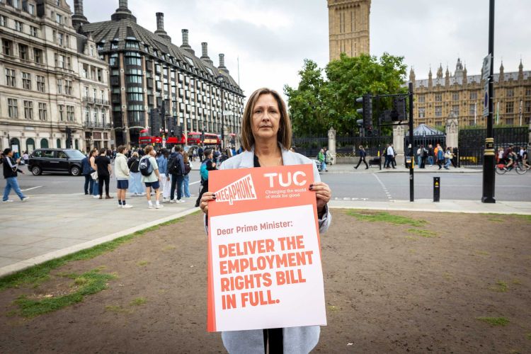 Supermarket worker and USDAW rep Finnola Tsagkaraki was part of a TUC campaign for the Employment Rights Bill outside the House of Commons on the 2nd of September 2025 in London, United Kingdom