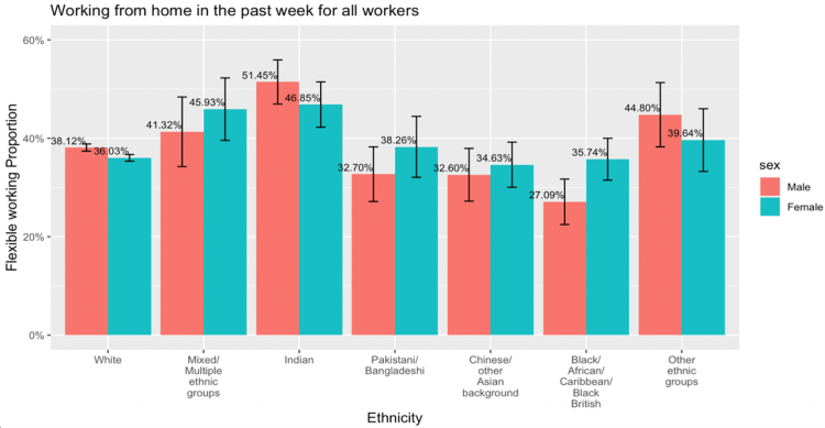 Figure 2. Work from home at least one day in the past week across ethnicity for all workers. Note: Percentage score based on the questions related to workers’ working place in the past 7 day 