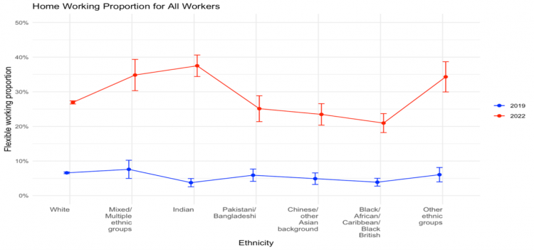 Figure 5. Working from home as the main place of work across ethnicity in 2019 and 2022. Note: Percentage based on the questions related to workers’ main working place.  