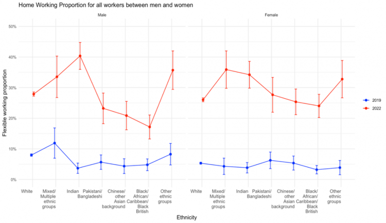 Figure 6. Working from home as the main place of work across ethnicity and gender in 2019 and 2022. Note: Percentage based on the questions related to workers’ main working place.  