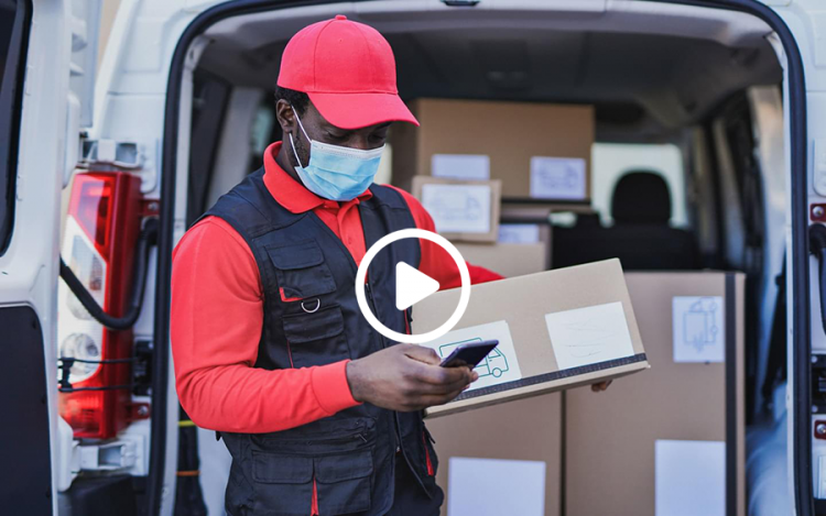 Delivery worker wearing a covid mask