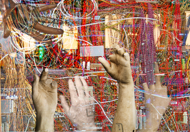 A series of stone-like hands, fractured and cracked, reaching out in various directions from a chaotic mass of tangled wires. 