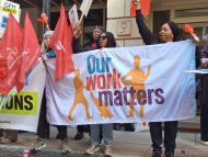 Our Work Matters banner on picket line