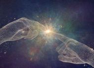 A conceptual image of a pair of hands formed form many multi coloured spheres with index fingers outstretched near point of touc