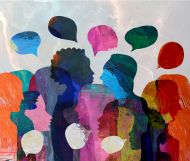 Group of diverse people talking, bonding, communicating. Using speech bubbles. - stock illustration