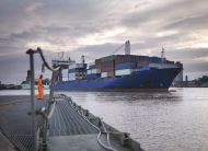 Port worker and ship coming into port