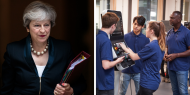 Prime Minister Theresa May on the left; workers on the right