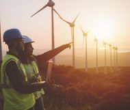 Pair of engineers in front of line of wind turbines