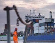 A shipyard worker stands in front of a ship unloading containers at a dock