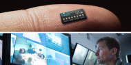 A finger with a microchip and a man watching a screen_Credit: Getty